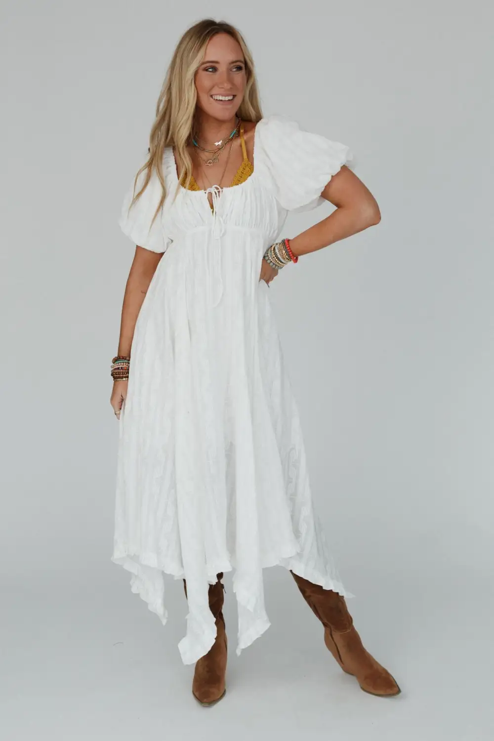 Moon City Textured Tie Detail Dress - White