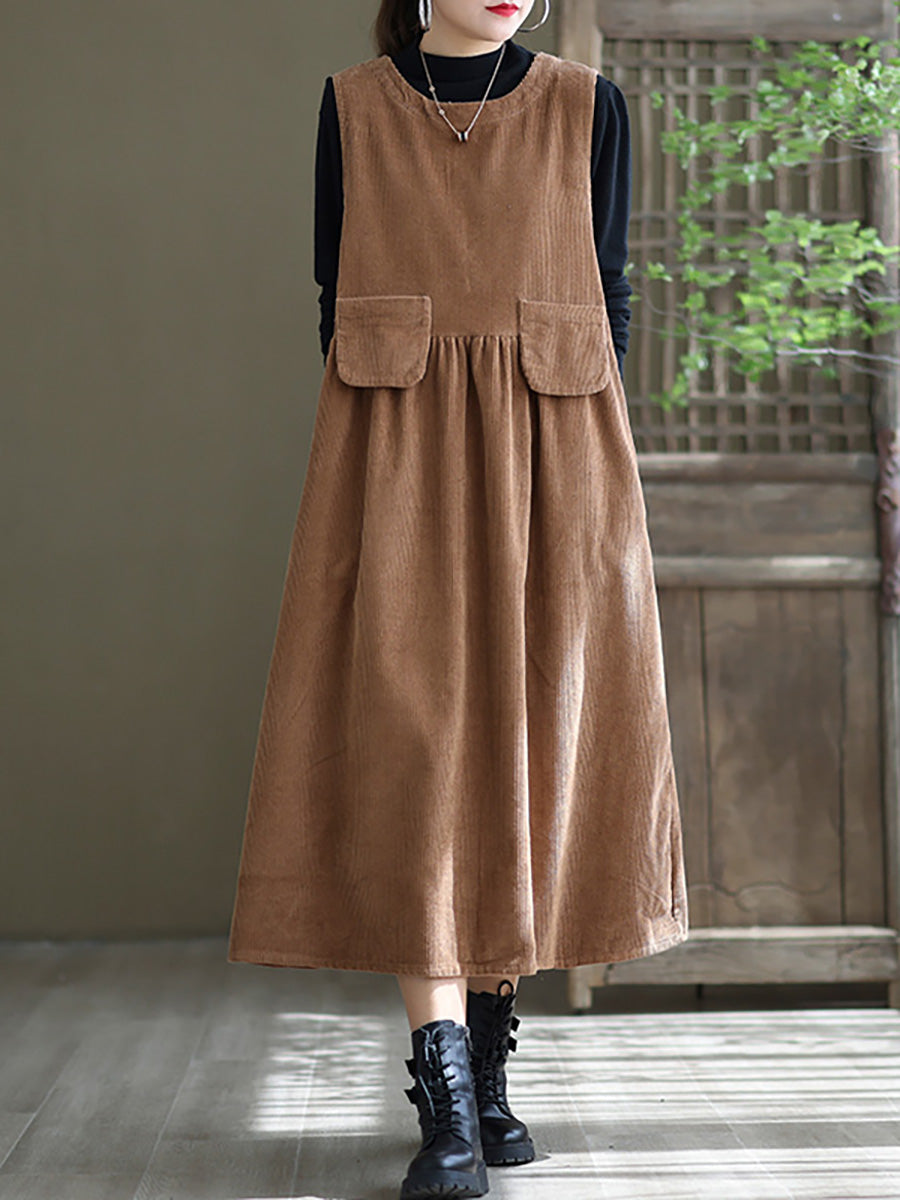 Plus Size - Corduroy Pocket Casual Sleeveless Pinafore Dress