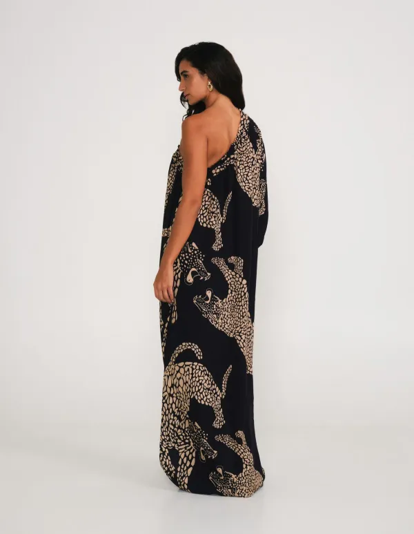 One Shoulder Printed Maxi Leopard Dress - Black