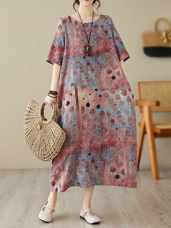 Half Sleeves Loose Contrast Color Polka-Dot Printed Round-Neck Midi Dresses