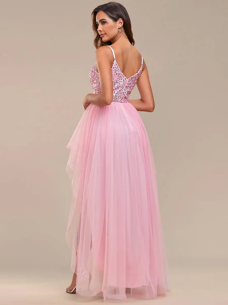 Spaghetti Straps Asymmetric Wholesale Sequin Tulle Evening Dresses