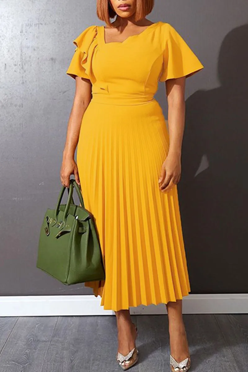 Yellow Elegant Solid Split Joint Fold Asymmetrical Collar A Line Dresses