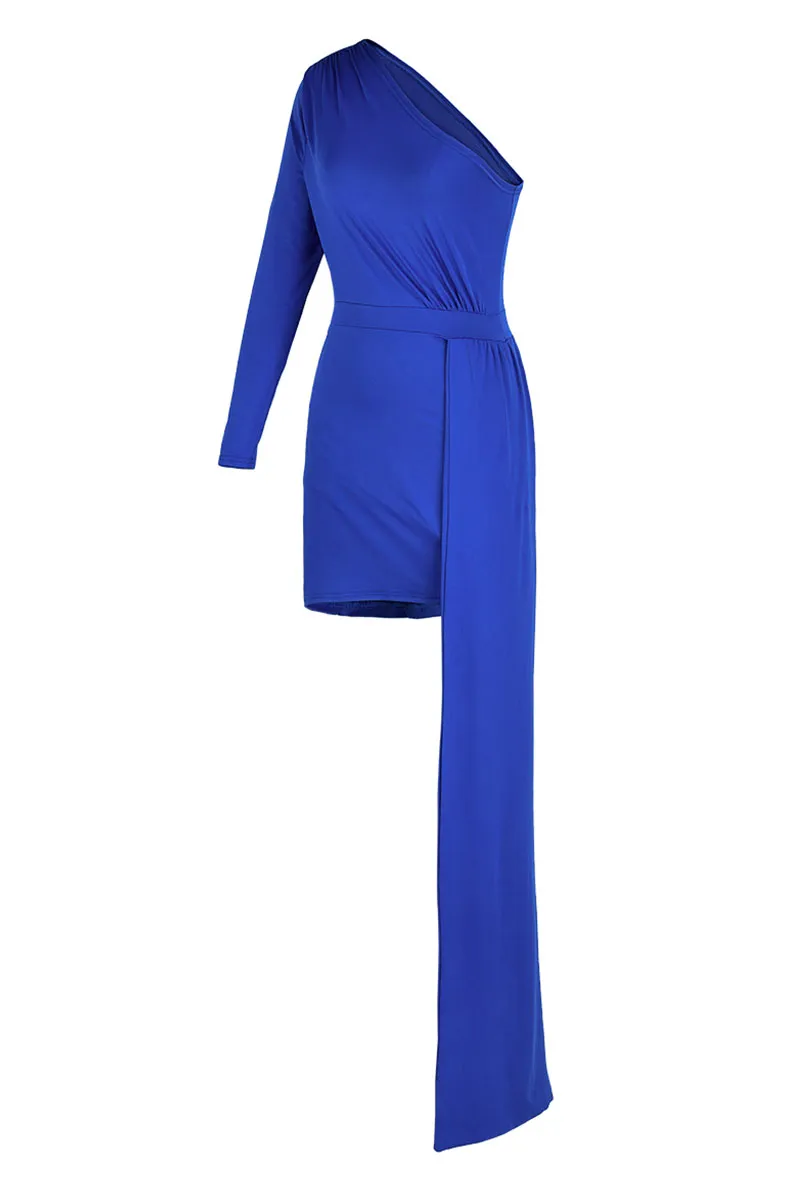 Blue Elegant Solid Patchwork Oblique Collar Pencil Skirt Dresses