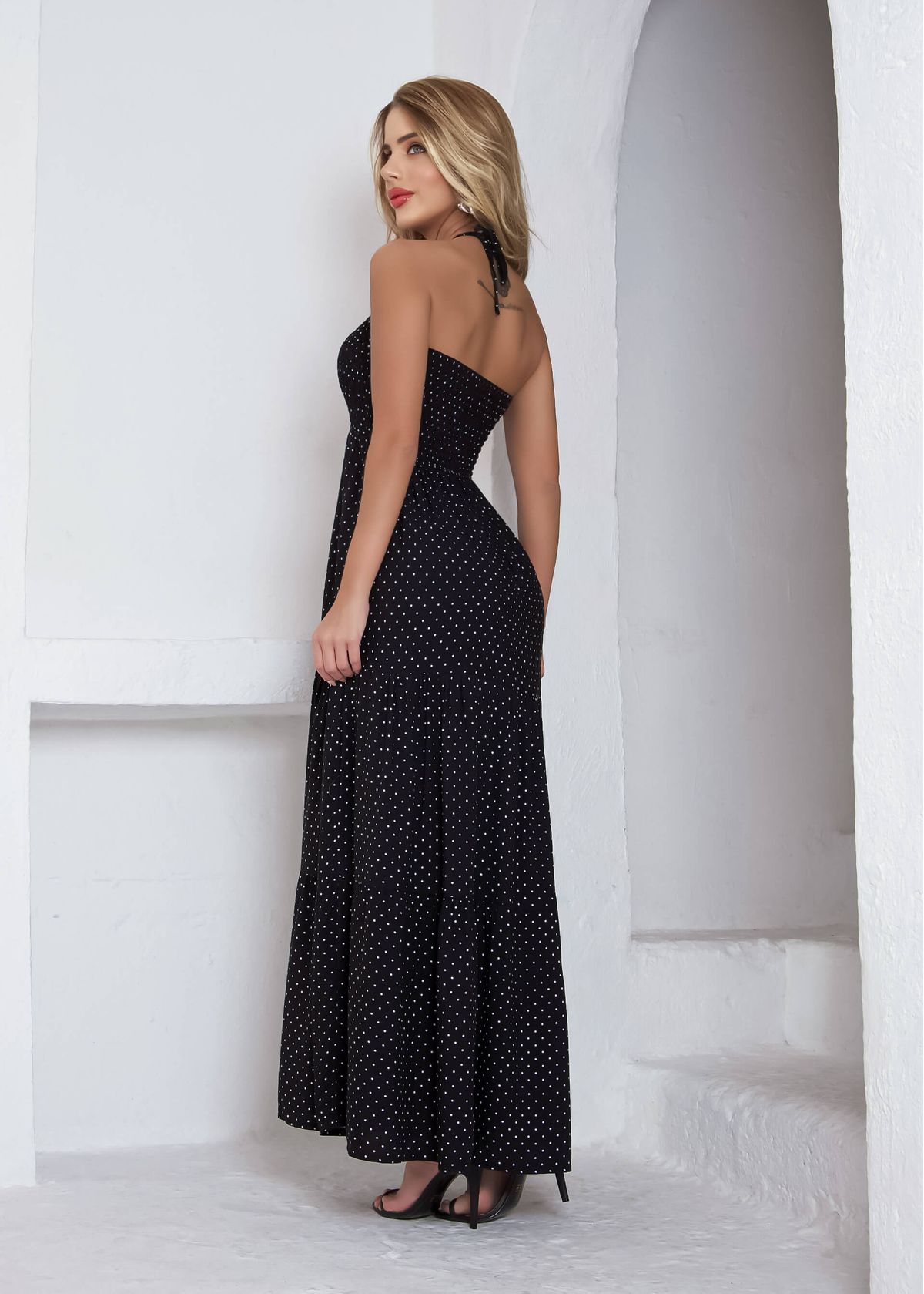 Polka Dot Halter Long Dress - M;Black