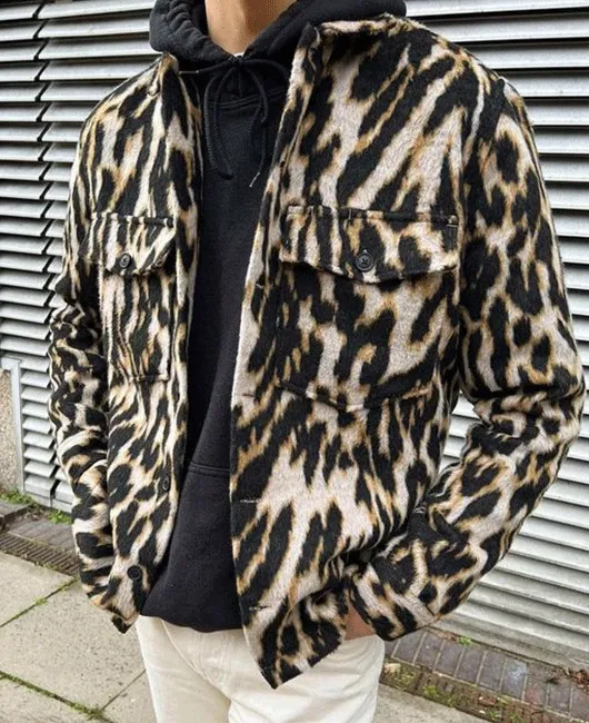 Leopard Pattern Turndown Collar Long Sleeve Pocket Design Jacket