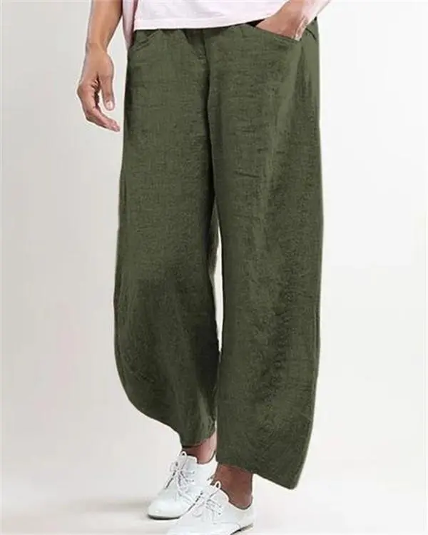Women Plus Size Casual Wide Leg Shift Cotton Pockets Solid Pants