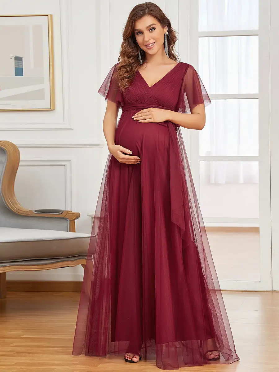 Short Ruffles Sleeves V Neck A Line Wholesale Maternity Dresses