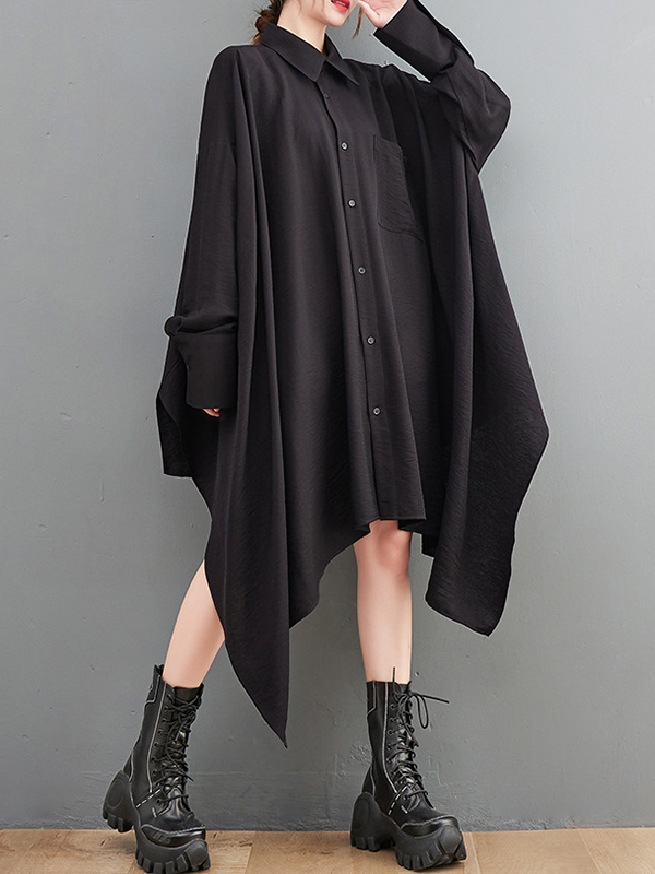 A-Line High-Low Asymmetric Buttoned Pockets Solid Color Lapel Midi Dresses Shirt Dress