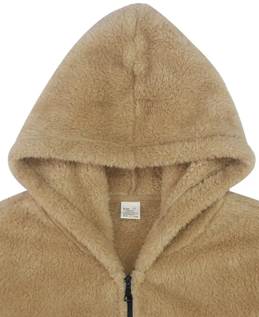 Daily Solid Zipper Pocket Warm Hooded Fleece Jacket