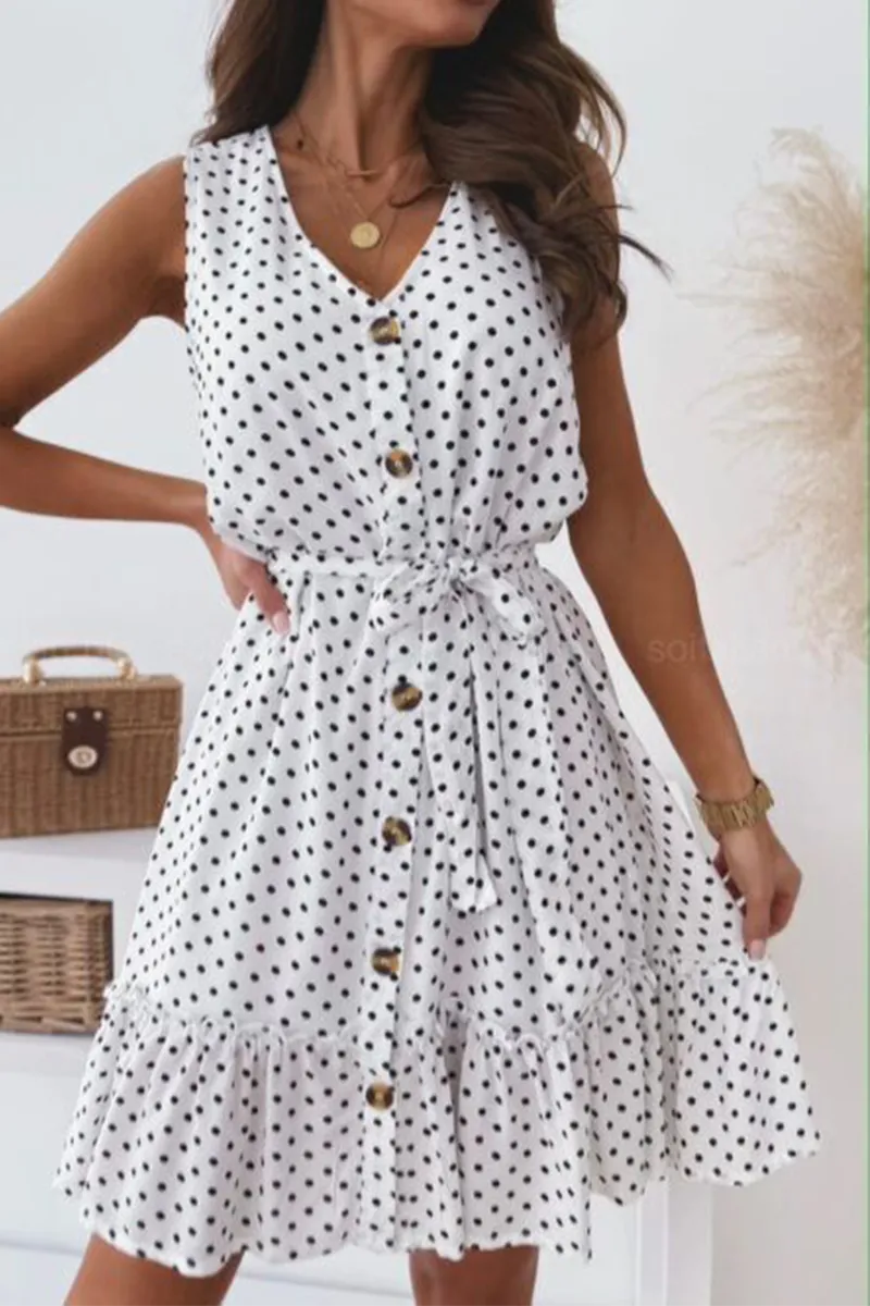 Elegant Dot Buckle With Belt V Neck A Line Mini Dresses