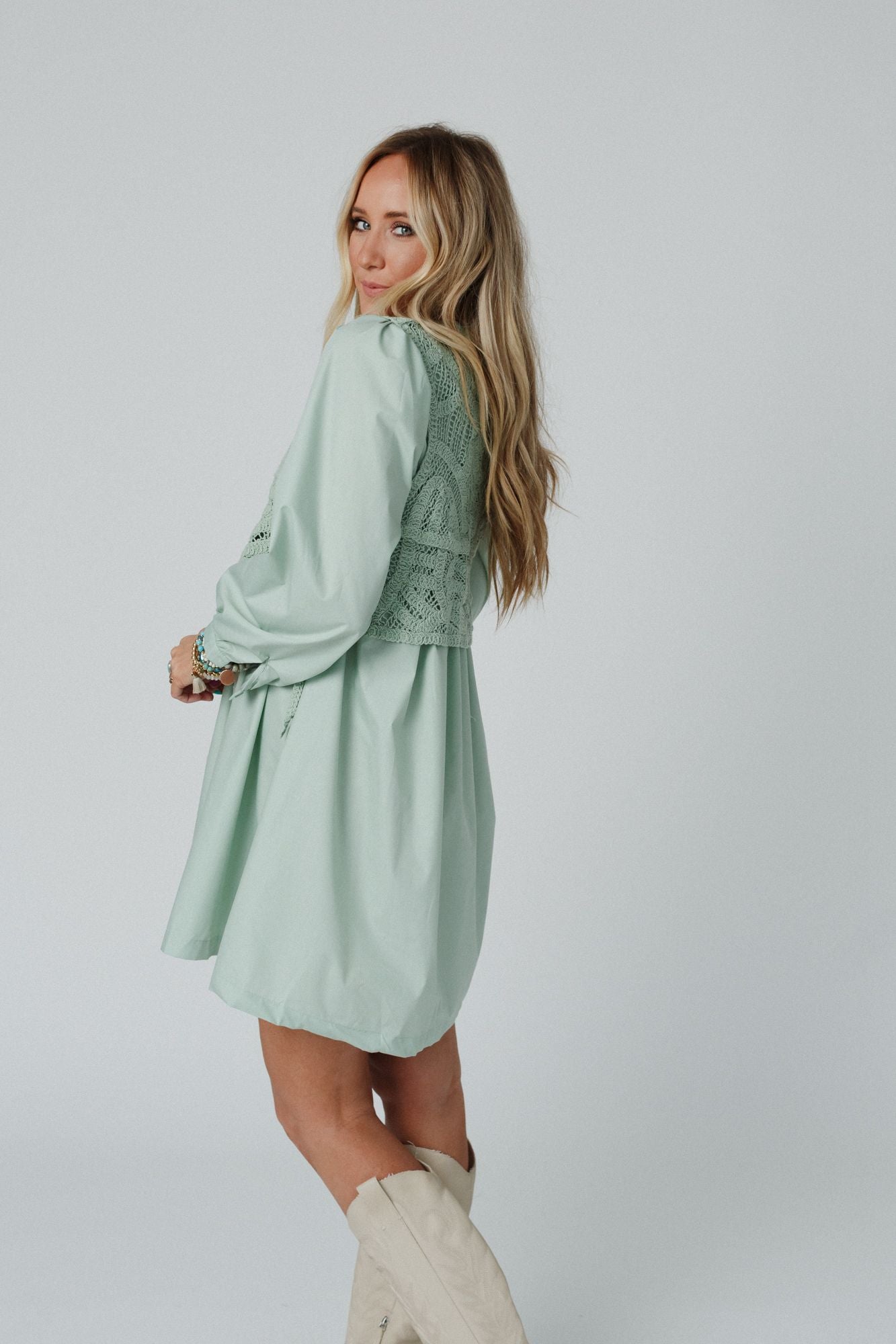 Sweet Edge Crochet Vest Tunic Dress - Sage