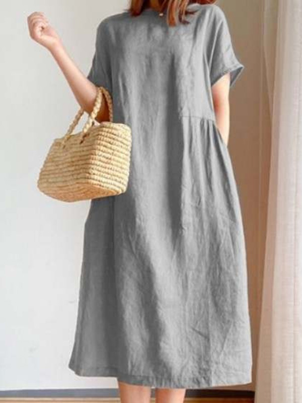 Casual Loose Solid Color Round-Neck Midi Dresses