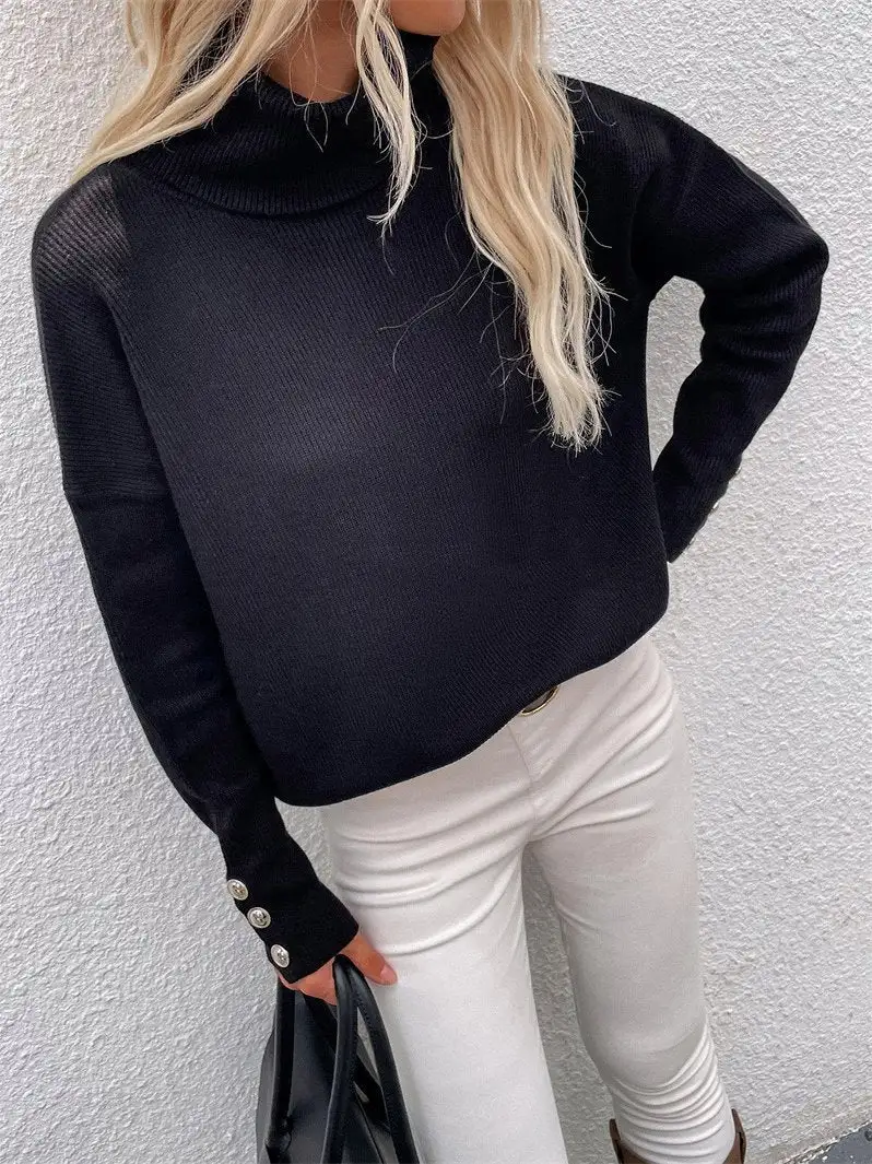 Women's Sweaters High Head Button Solid Long Sleeve Sweater