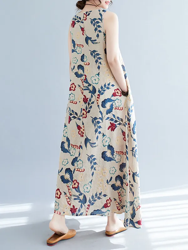 Loose Sleeveless Floral Printed Round-Neck Maxi Dresses