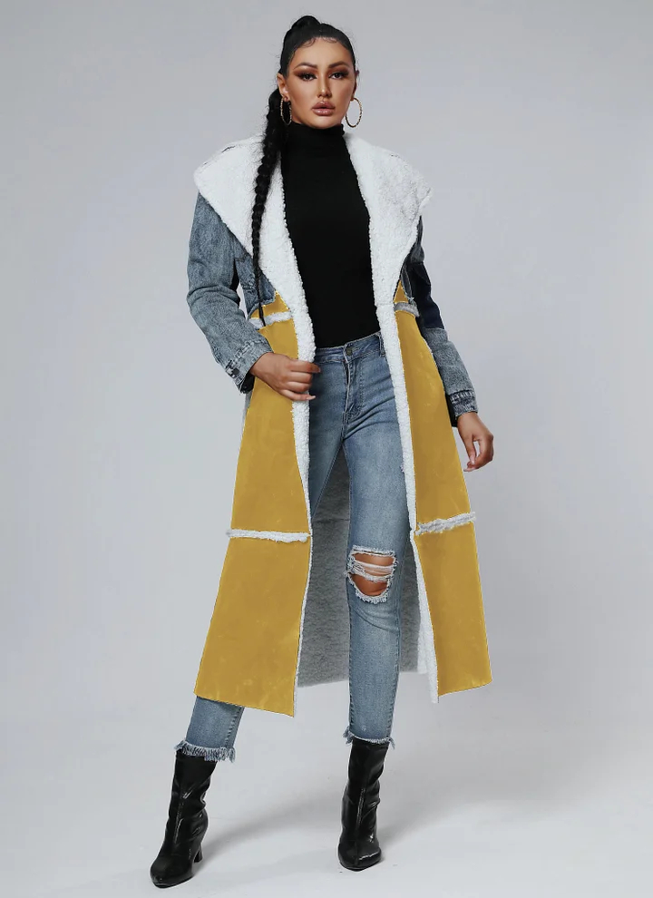 Stitching Fur & Denim Coat Long Outerwear