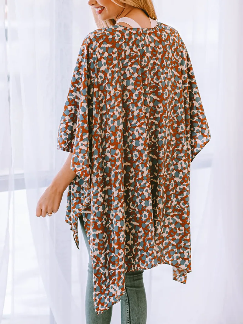 Printed Open Front Three-Quarter Sleeve Cover Up