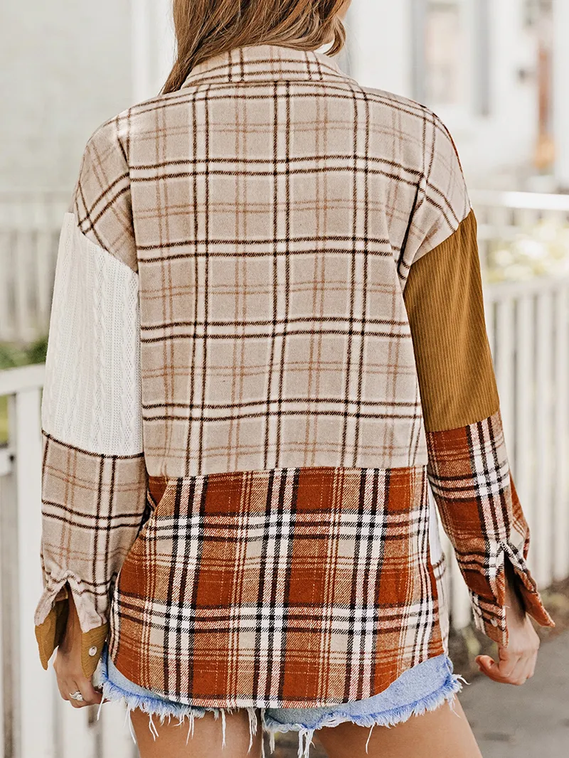 Orange Plaid Color Block Patchwork Shirt Jacket with Pocket