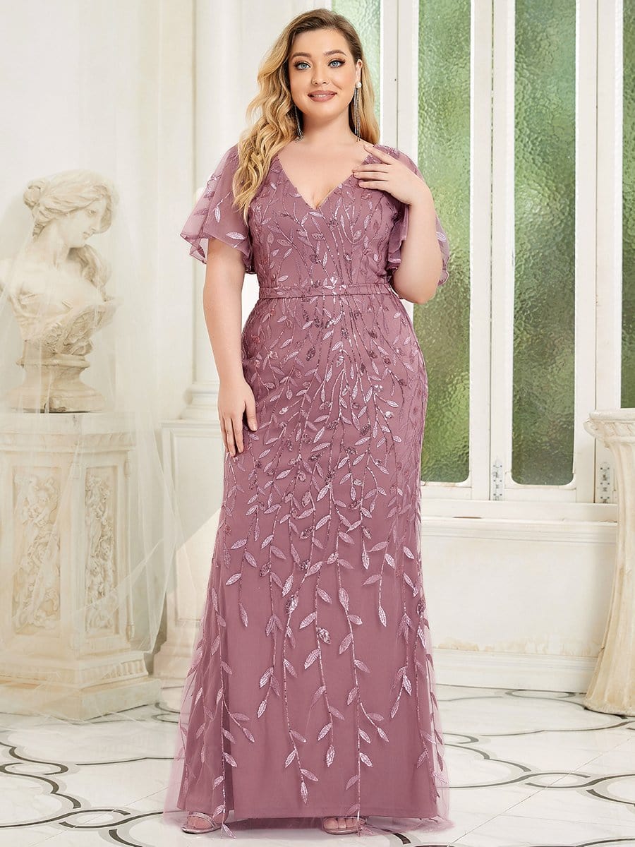 Fashion Plus Size V Neck Mermaid Sequin & Tulle Evening Dress