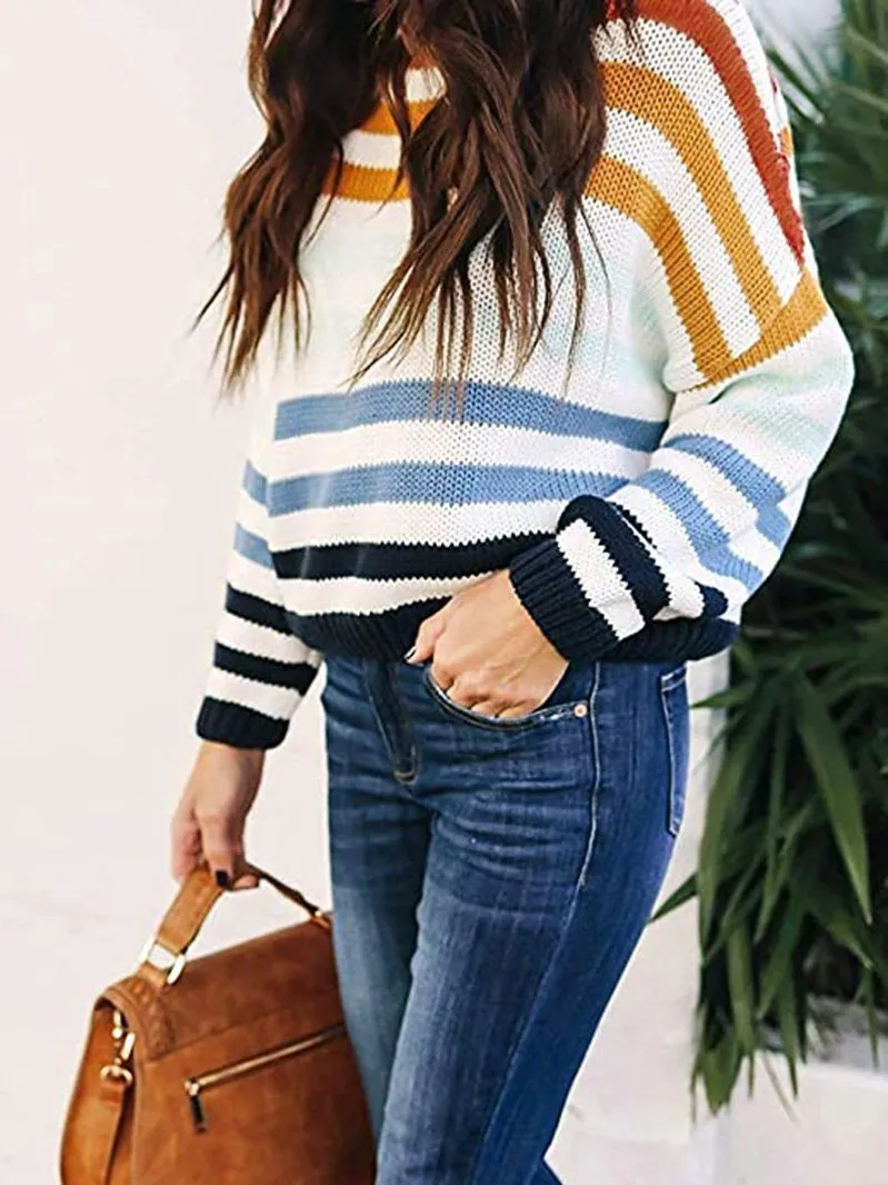 Women's Sweaters Multicolor Striped Round Neck Knitted Sweater