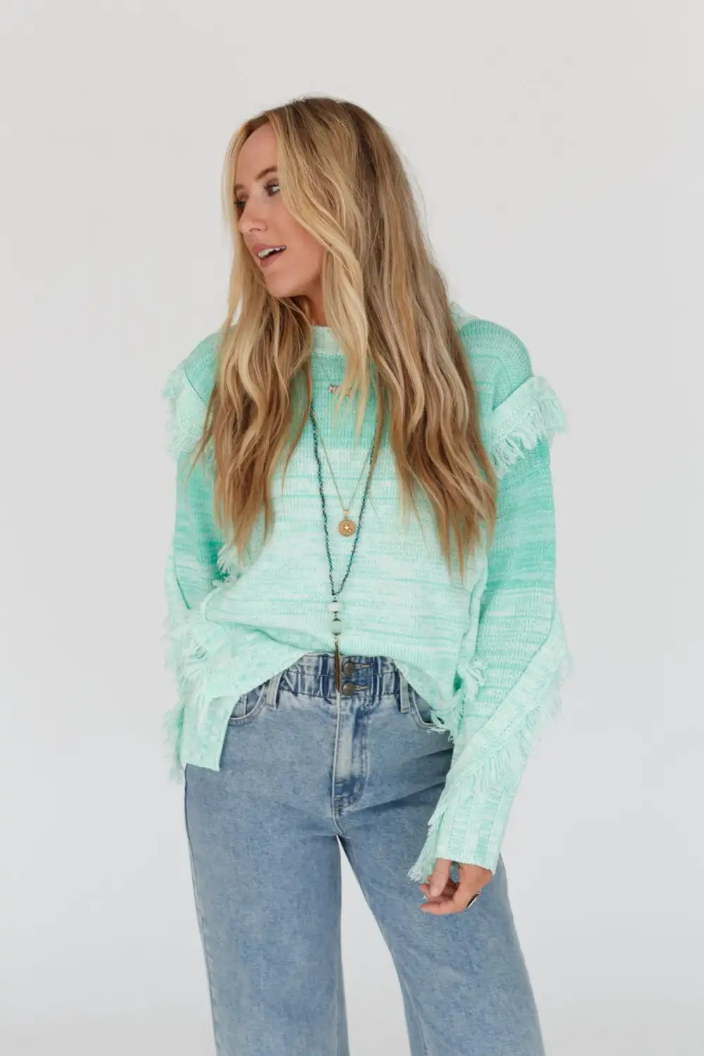 Fade Away Fringe Sweater - Seafoam