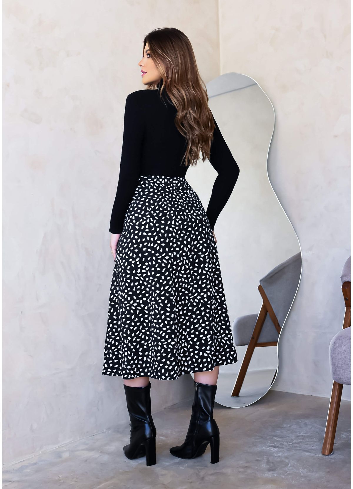 HIGH WAISTED POLKA DOT SLIT MIDI SKIRT