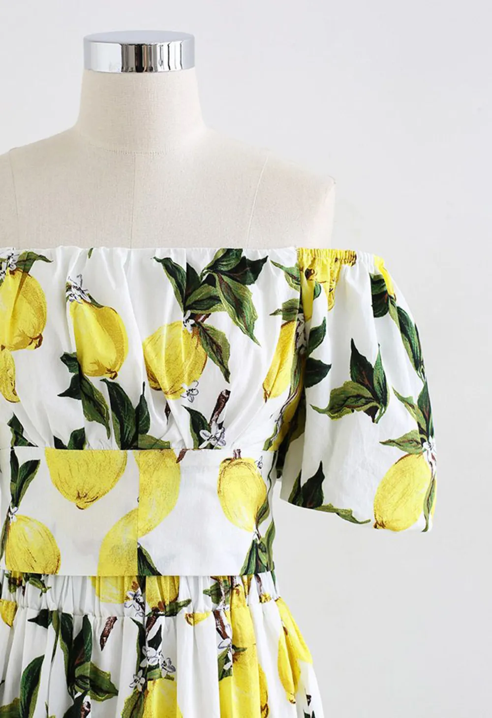 OFF-SHOULDER BOWKNOT CROP TOP AND FLARE SKIRT SET IN LEMON PRINT