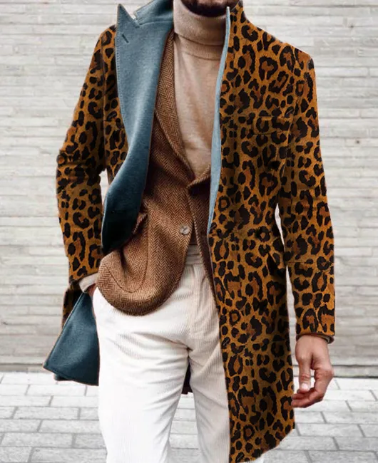 OK Leopard Pattern Lapel Collar Single Breasted Long Coat