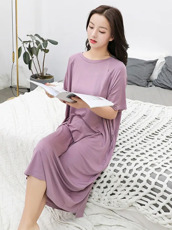 Simple Loose Half Sleeves Solid Color Round-Neck Pajamas Dress