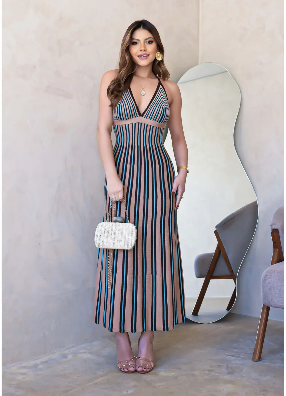 MODAL STRIPED V-NECK MIDI DRESS