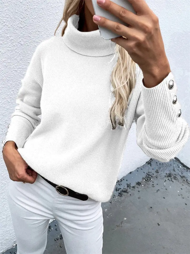 Women's Sweaters High Head Button Solid Long Sleeve Sweater