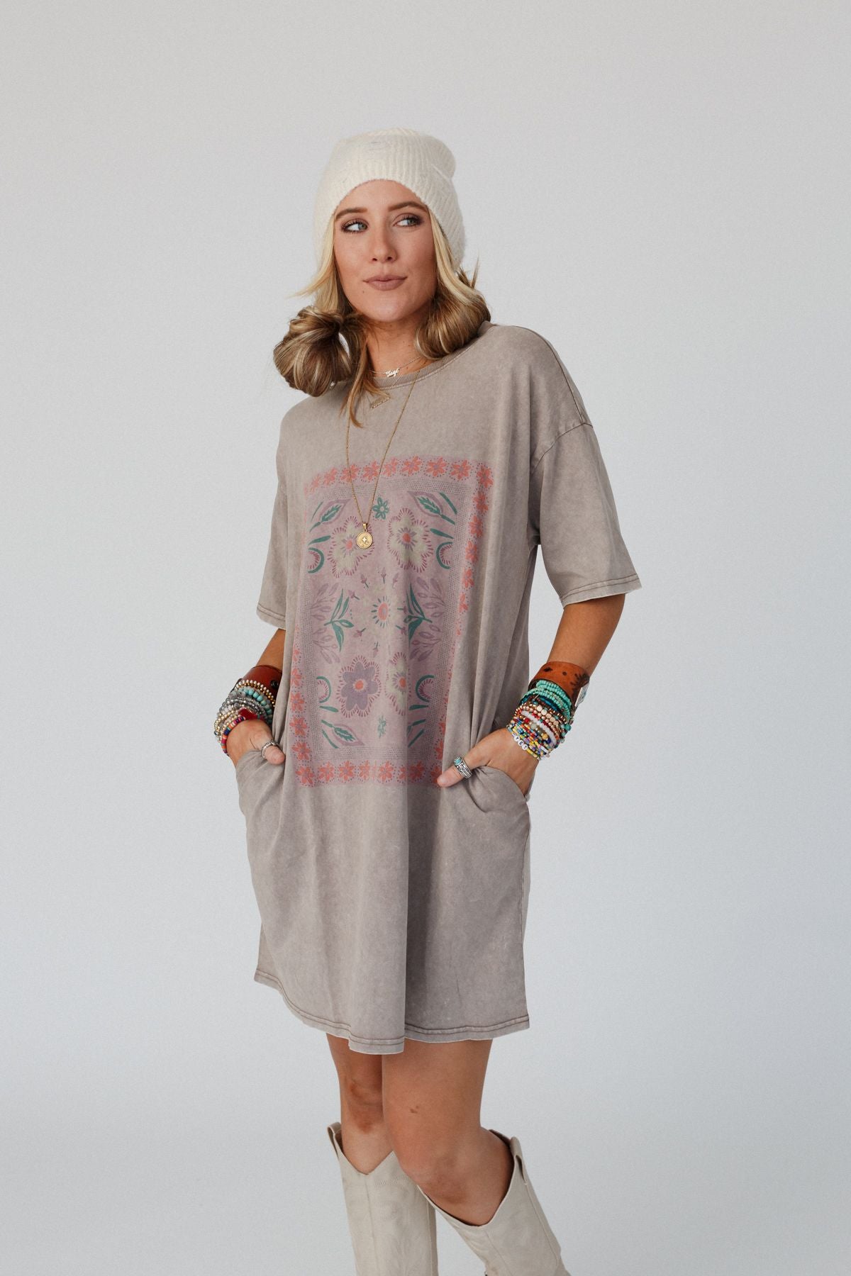 Fall Blossoms Tee Dress - Mocha