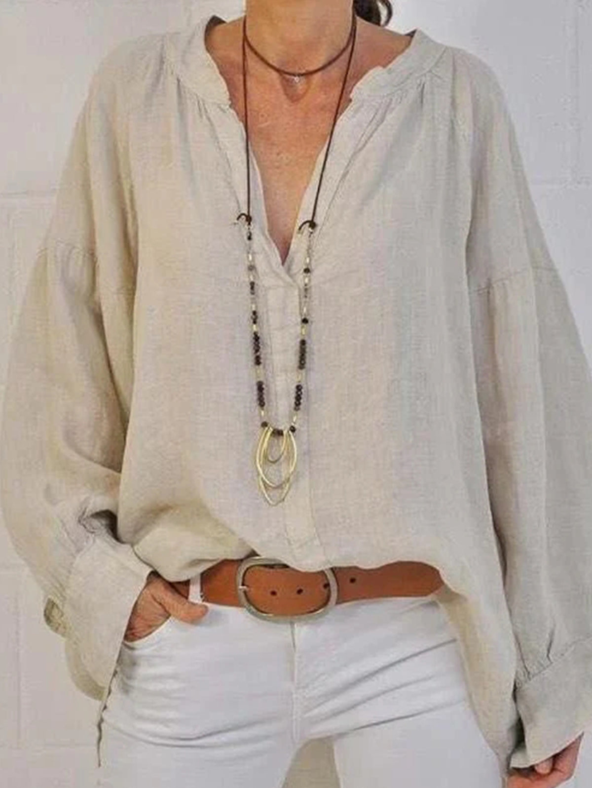 Casual V Neck Solid Color Long Sleeve Loose Blouse