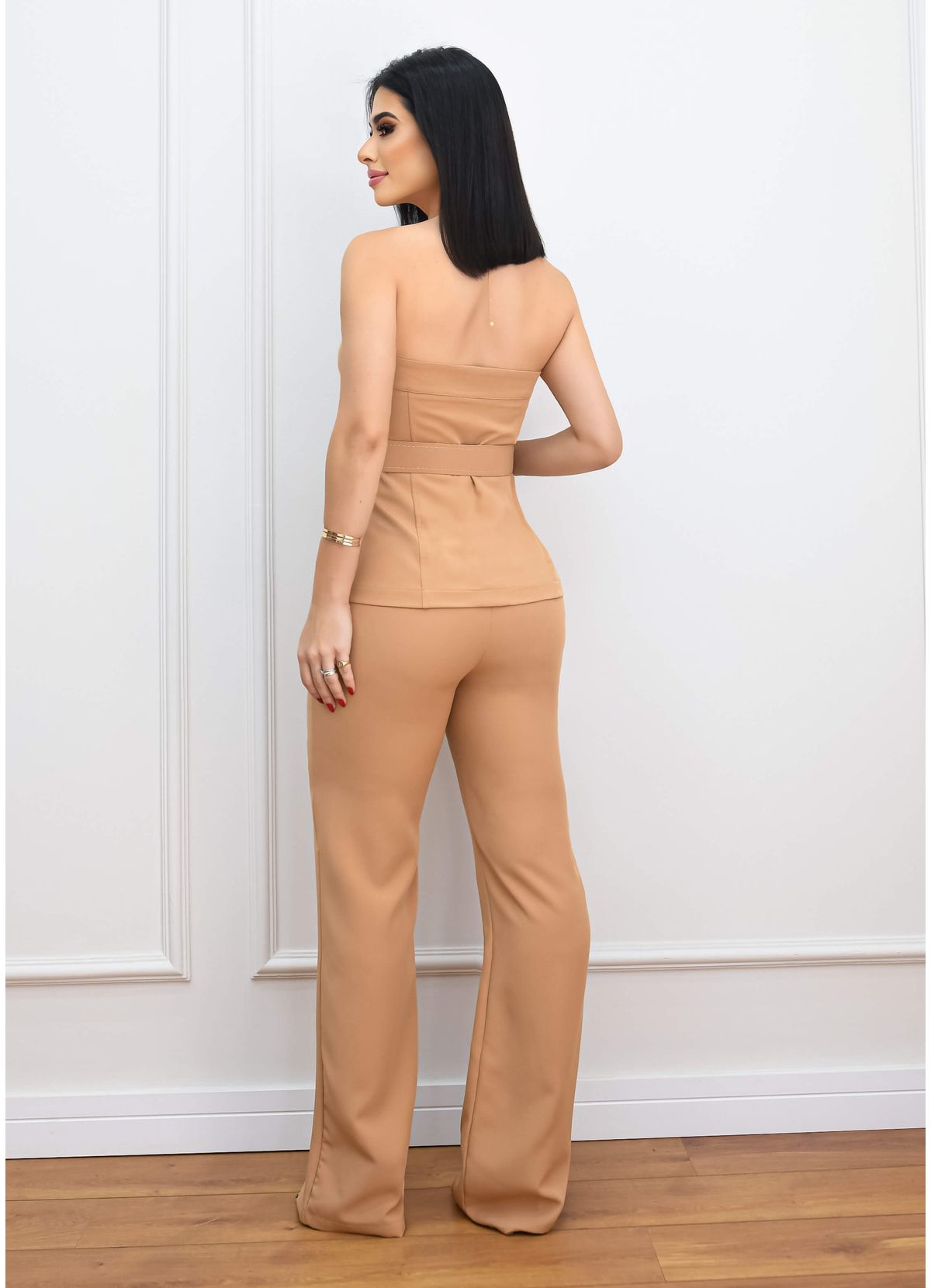 STRAPLESS BELT BLOUSE SET W/ TAILORED PANTS