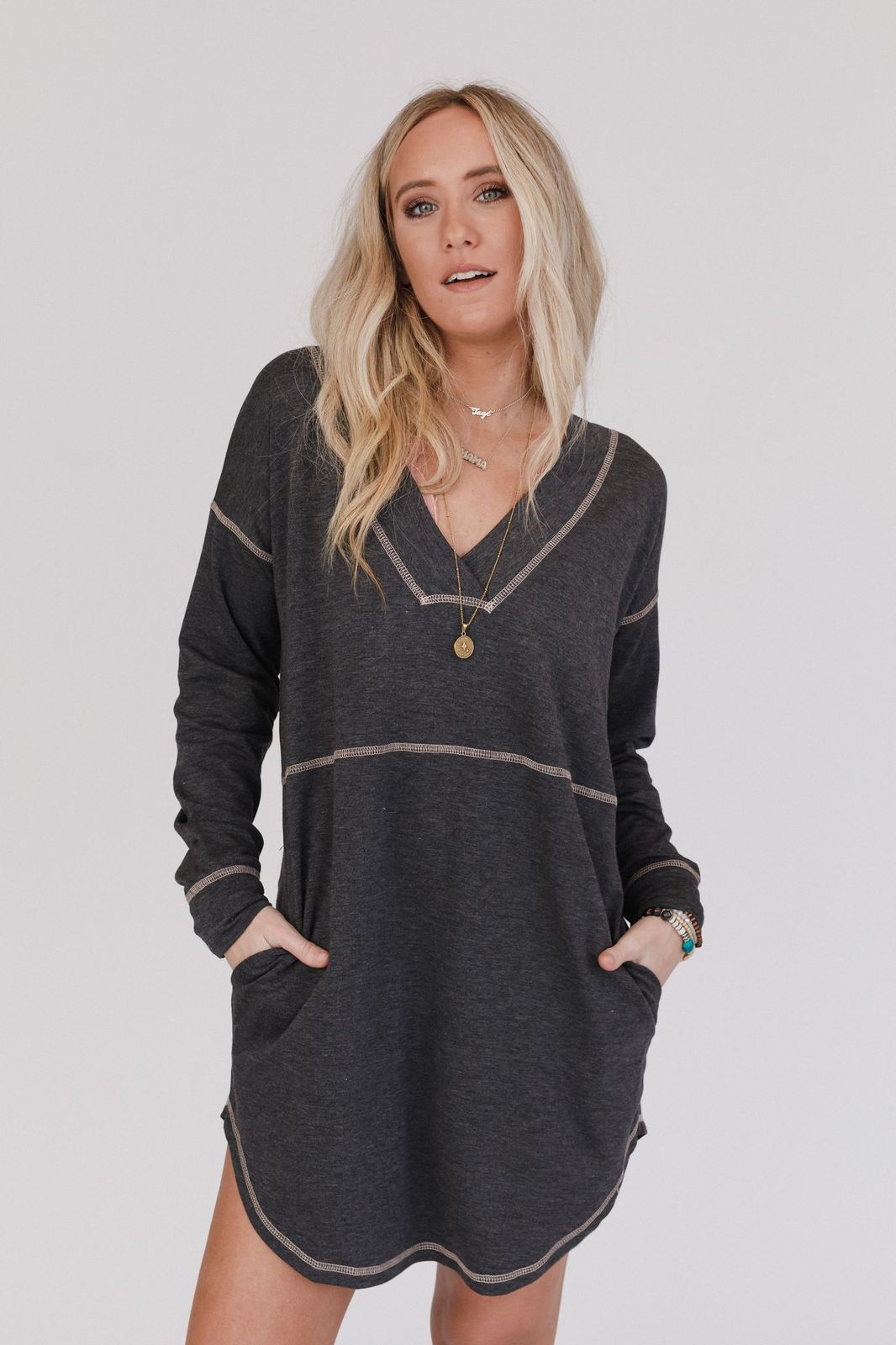 Meadow Long Sleeve Tunic Dress - Charcoal