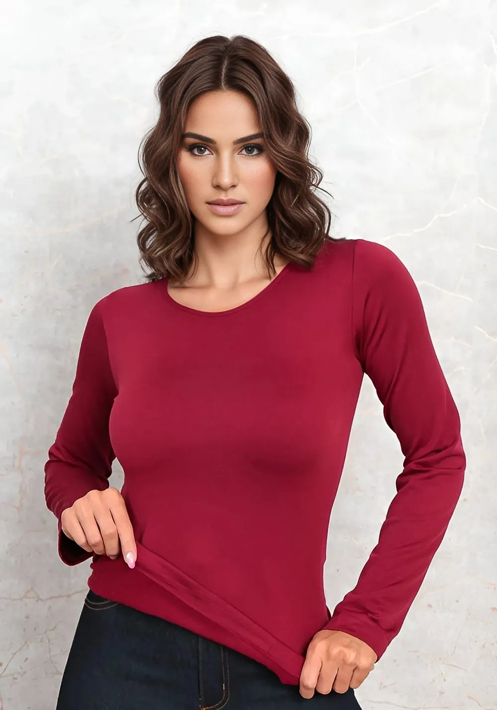 Cold Thermal Blouse Second Skin Long Sleeve Plush Lining Marsala