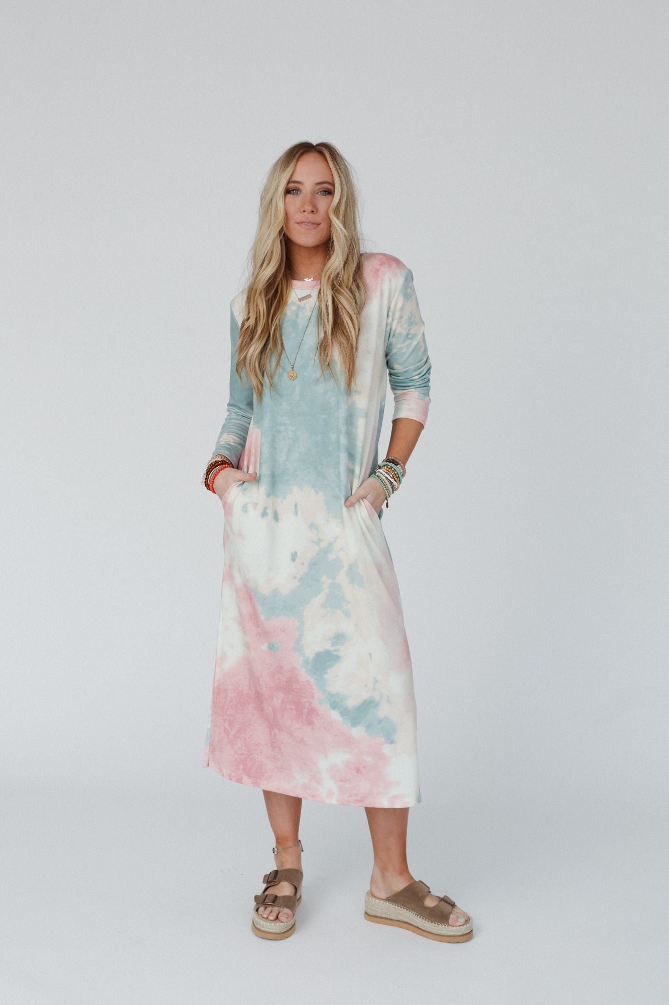 Soul Shine Pocketed Tie Dye Midi Dress - Sage