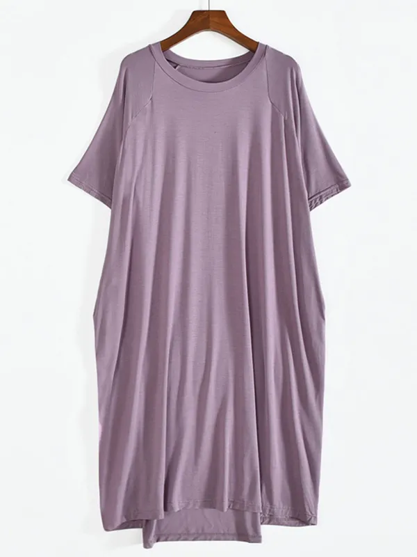 Simple Loose Half Sleeves Solid Color Round-Neck Pajamas Dress