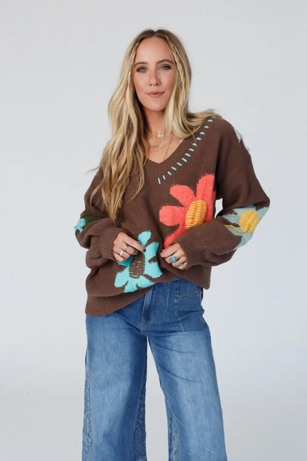 Good Mood Flower Print Sweater - Chocolate