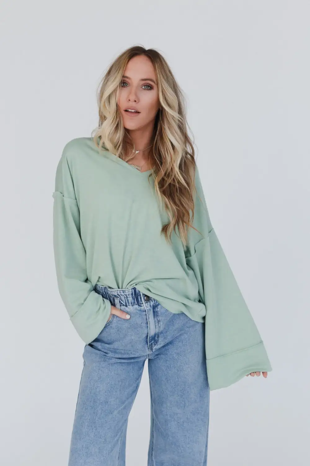 Love It V Neckline Sweater Top - Light Sage