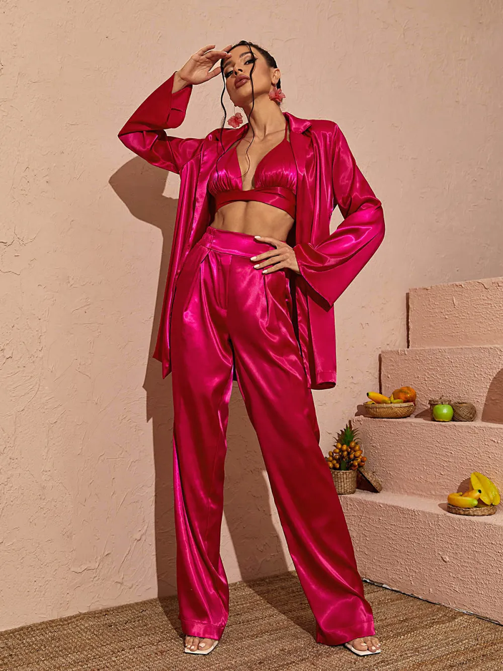 Zariyah Halterneck Satin Set In Hot Pink