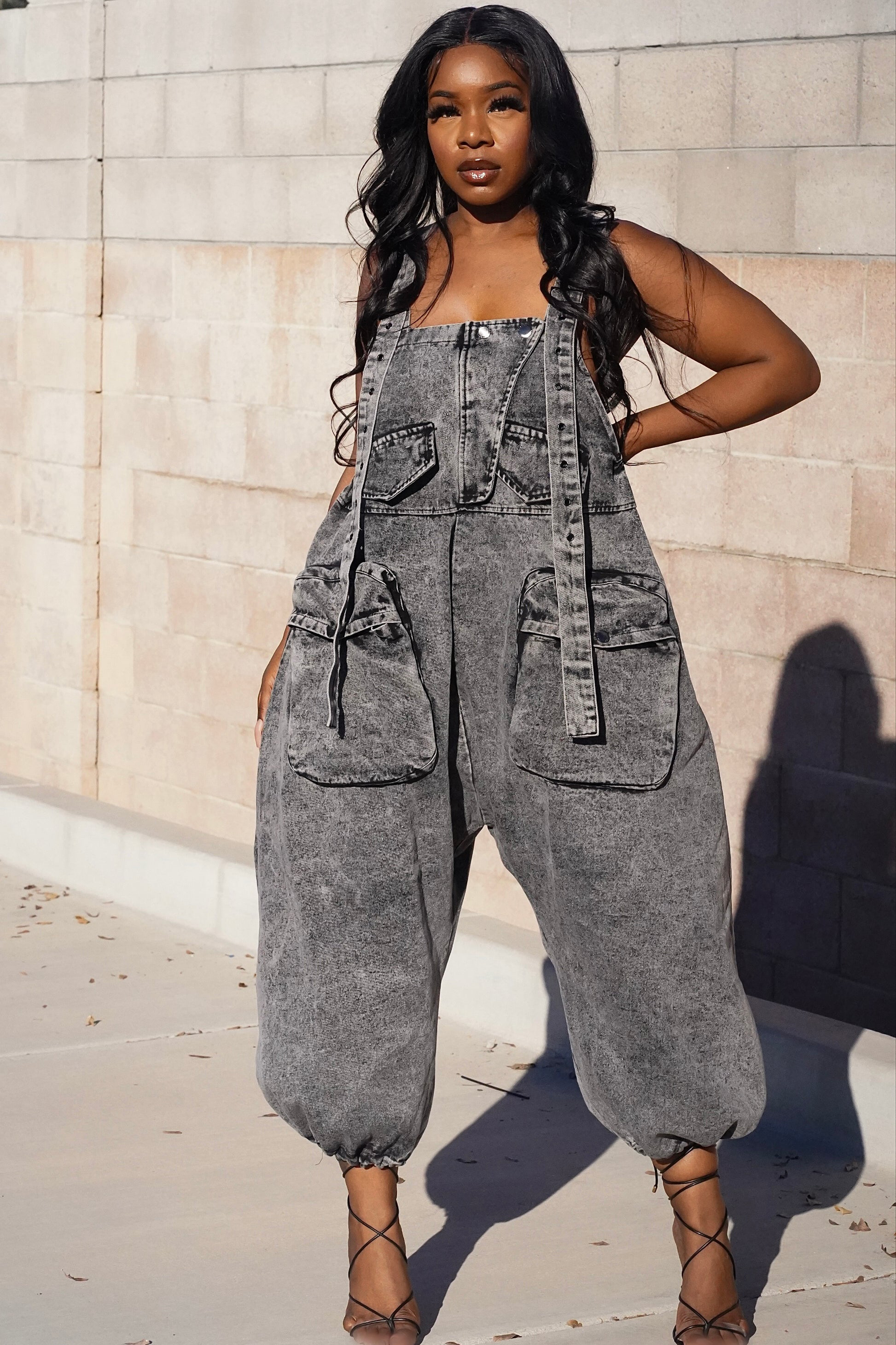 Denim Square Neck Pocket Sleeveless Harem Overalls