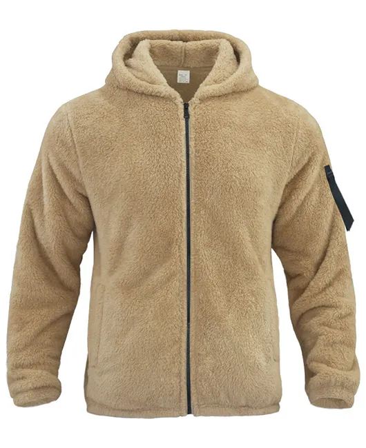 Daily Solid Zipper Pocket Warm Hooded Fleece Jacket