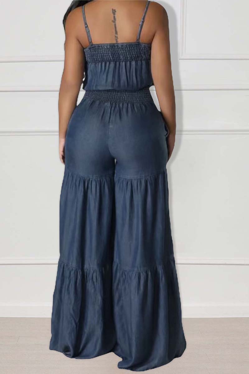 Denim Cami Elastic High Waist Wide Leg Pocket Jumpsuit