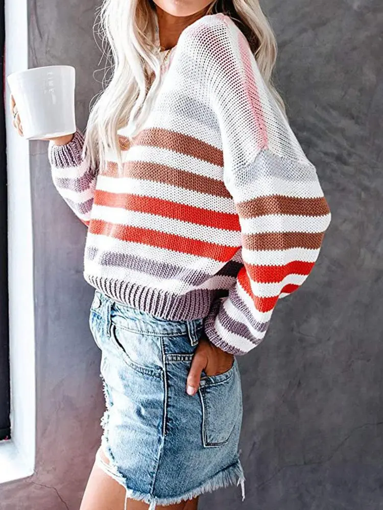 Women's Sweaters Multicolor Striped Round Neck Knitted Sweater