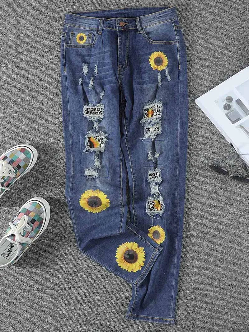 Women's vintage sunflower print patchwork ripped jeans