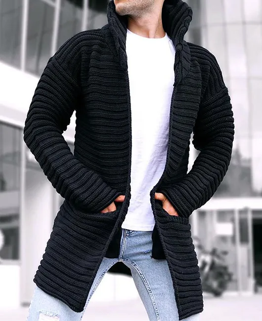 High Neck Pockets Knitted Long Cardigan Sweater