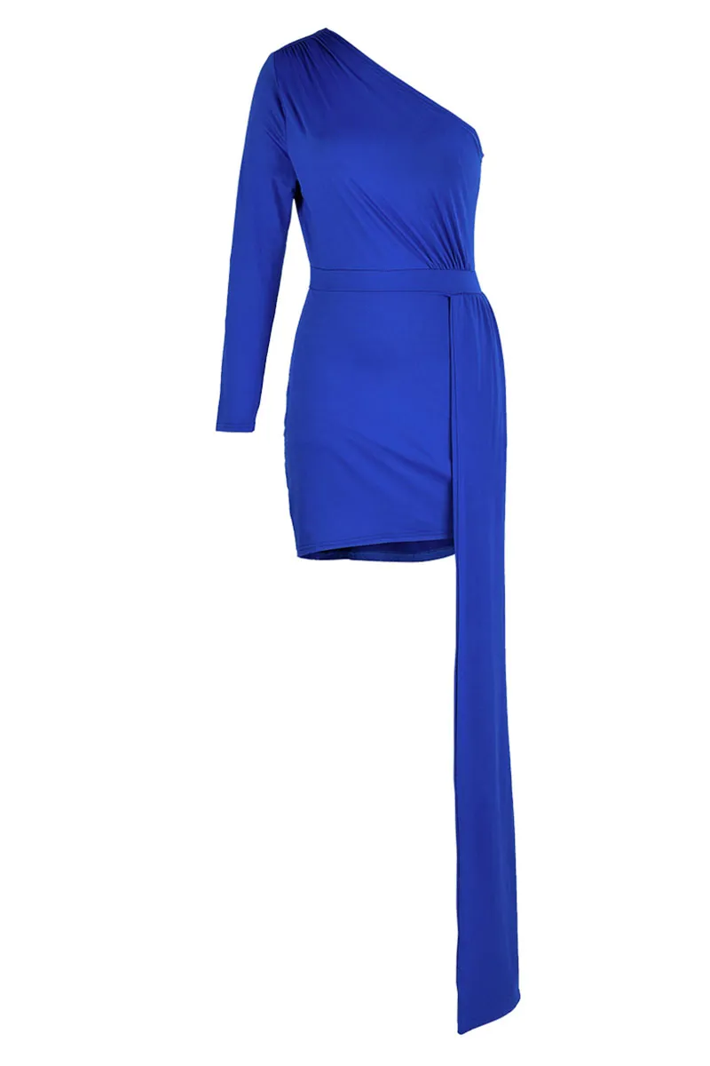 Blue Elegant Solid Patchwork Oblique Collar Pencil Skirt Dresses