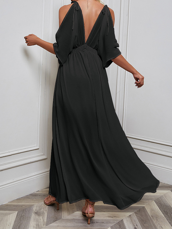 Batwing Sleeves Loose Solid Color Split-Front Deep V-Neck Maxi Dresses