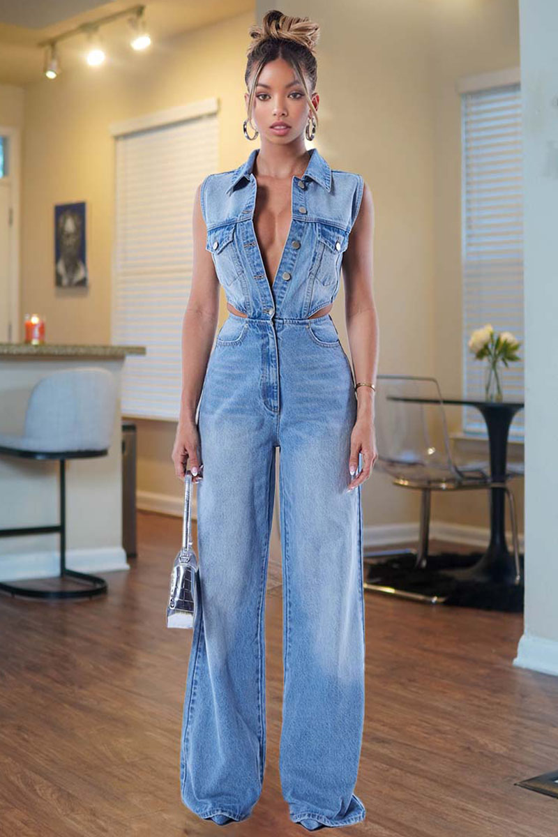 Sleeveless Button Cutout Ripped Denim Wide Leg Jumpsuit