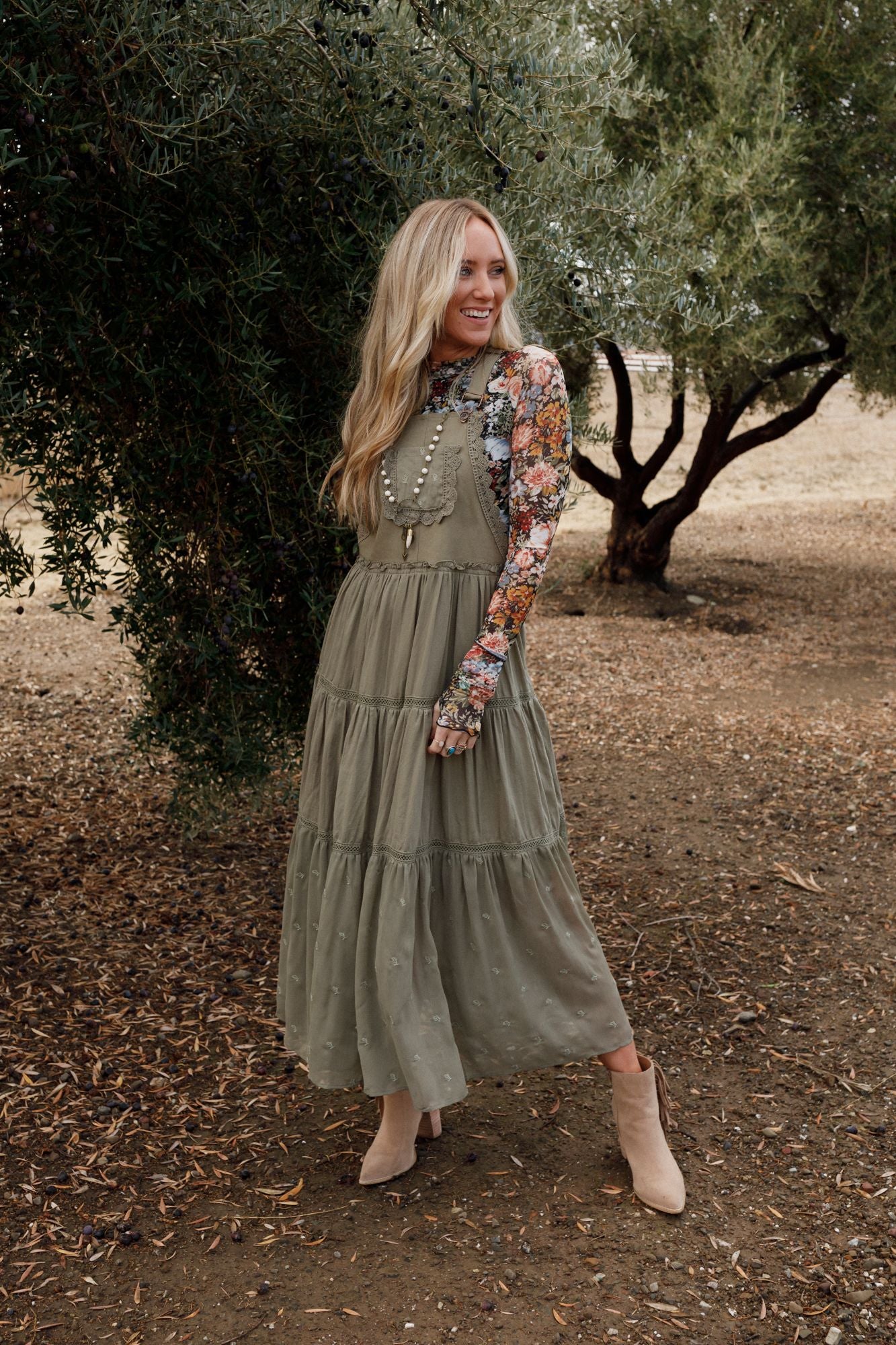 Green Paths Overall Dress - Olive